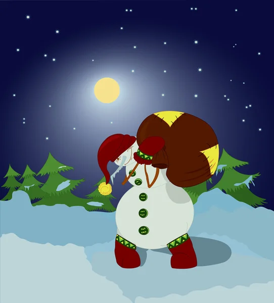 Snowman with gift bag in the night — Stock Vector