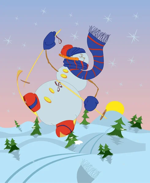Snowman esquiando por la mañana — Vector de stock