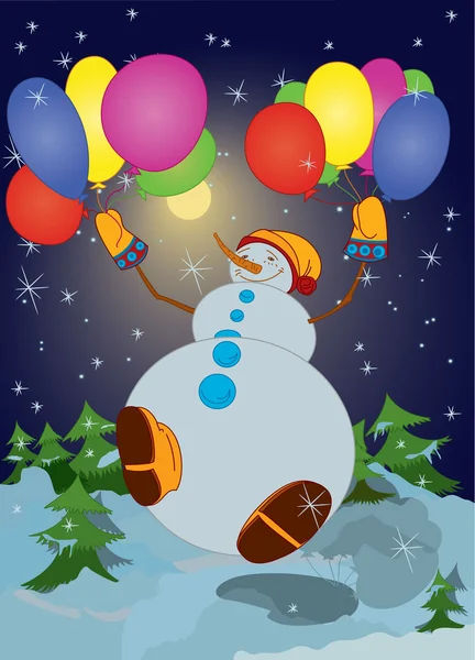 Snowman with colorful balloons — Stock Vector