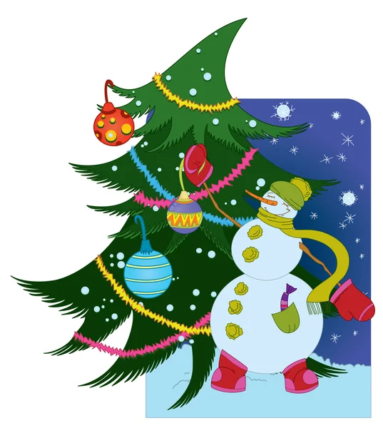 Schneemann mit Kugel und Weihnachtsbaum — Stockvektor