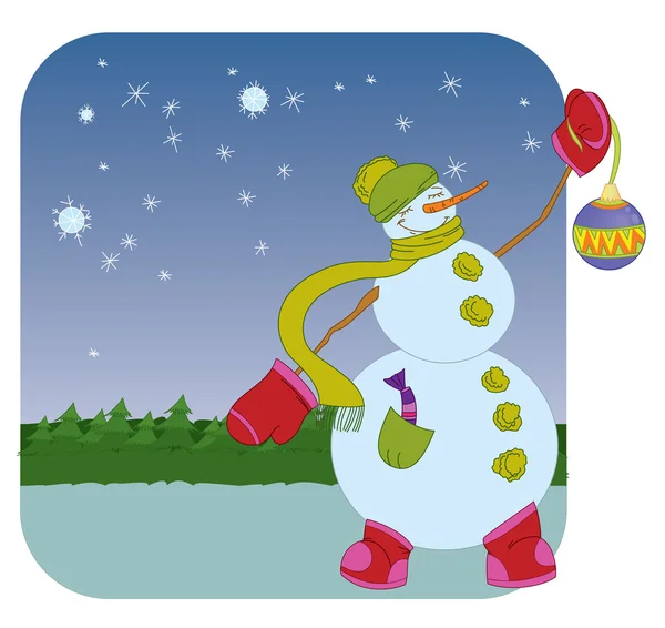 Snowman with Christmas ball on winter background — Stock Vector
