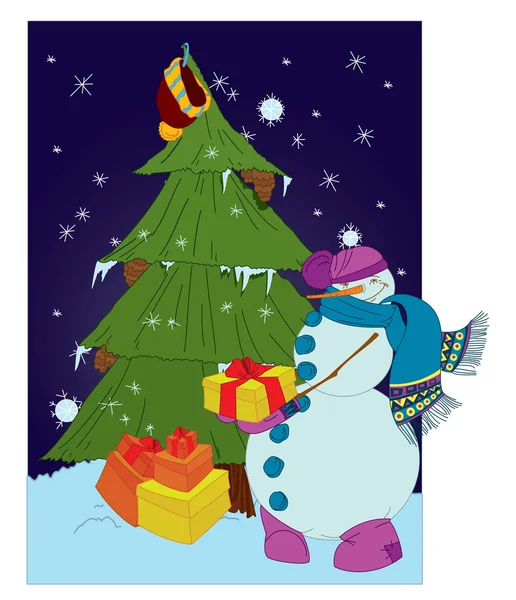 Bonhomme de neige avec cadeaux et sapin de Noël — Image vectorielle