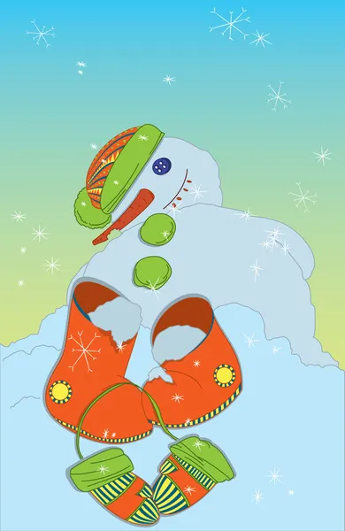 Smeltende sneeuwpop met laarzen en wanten — Stockvector