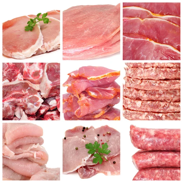 Ett Collage Nio Bilder Olika Köttprodukter — Stockfoto