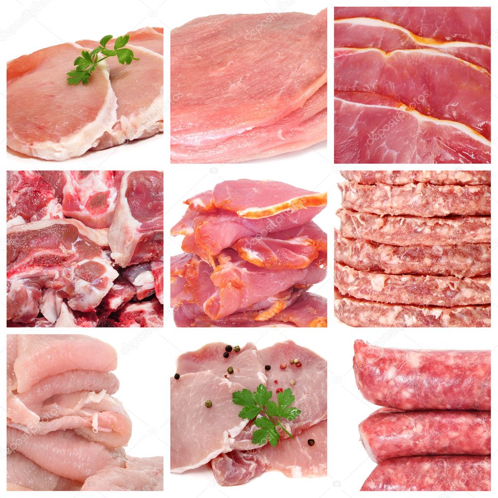 A collage of nine pictures of different meat products