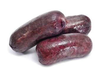 A pile of morcillas, typical Spanish sausage, on a white background clipart