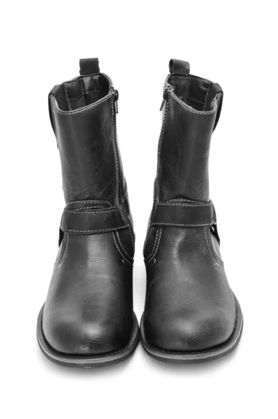 Ένα Ζευγάρι Μαύρες Δερμάτινες Μπότες Για Τους Άνδρες Λευκό Φόντο — Φωτογραφία Αρχείου