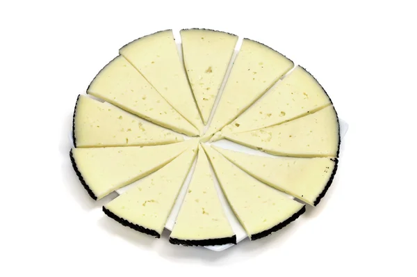 Někteří Plátky Sýru Manchego Typické Španělska Izolovaných Bílém Pozadí — Stock fotografie