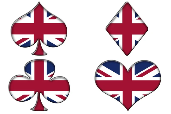 Fatos Poker Espadas Corações Diamantes Clubes Com Bandeira Britânica Fundo — Fotografia de Stock
