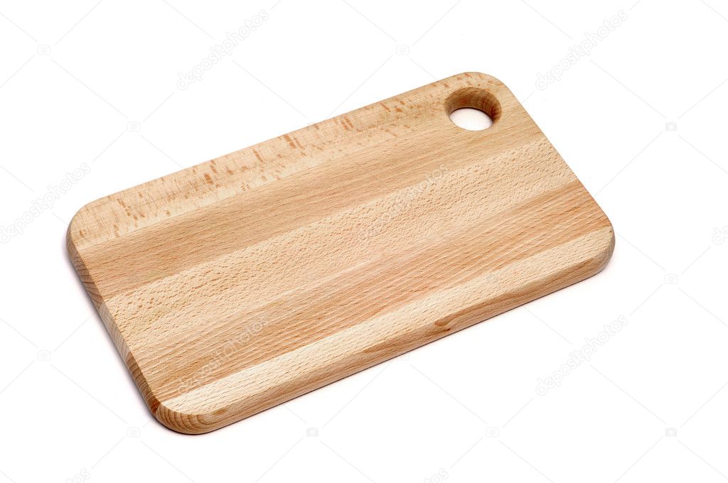 A wooden cutting board isolated on a white background