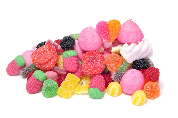 A pile of candies on a white background