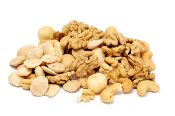 Pile Mixed Peeled Nuts White Background — Stock Photo, Image