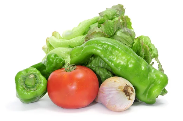 Some Salad Vegetables Tomato Green Peper Onion Lettuce — Stock Photo, Image