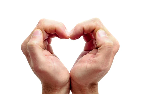 Χέρια Του Ανθρώπου Που Αποτελούν Μια Καρδιά Λευκό Φόντο — Φωτογραφία Αρχείου