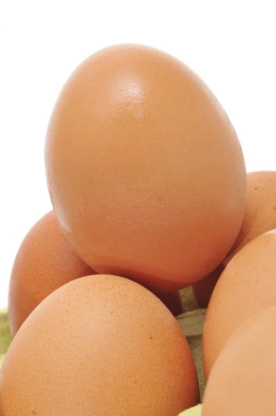 Primer Plano Una Pila Huevos Marrones Una Caja Huevos — Foto de Stock
