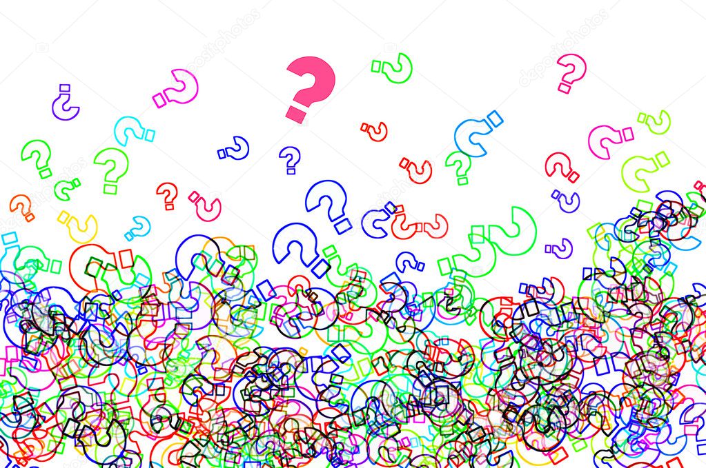Question marks of different colors drawn on a white background