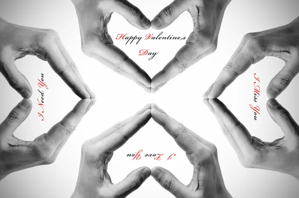 Człowiek Ręce Tworząc Serca Kilka Zdań Jako Szczęśliwy Walentynki — Zdjęcie stockowe