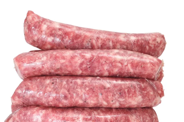 Een Stapel Van Varkensvlees Vlees Worst Geïsoleerd Een Witte Achtergrond — Stockfoto