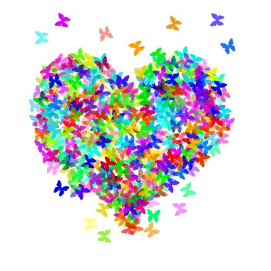 Butterflies of different colors forming a heart on a white background clipart