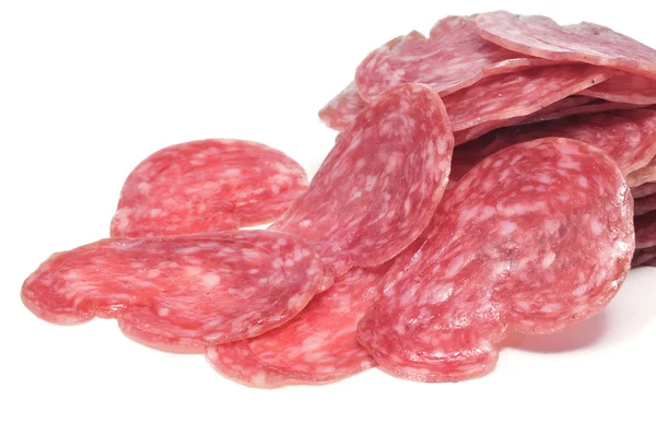 Ein Haufen Salchichon Rote Spanische Salami Auf Weißem Hintergrund — Stockfoto