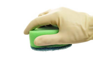 Someone wearing rubber gloves using a sponge on a white background clipart