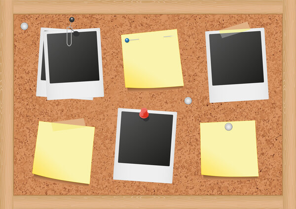Векторная иллюстрация пробковой доски объявлений с примечаниями и фотографиями
.