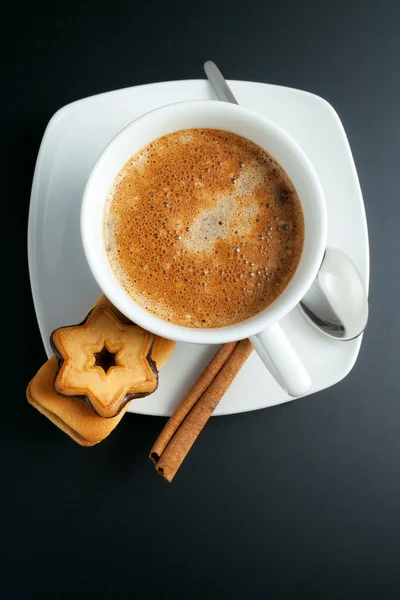 Fehér Porcelán Csésze Frissen Főzött Kávé Felülnézet Közelről Rendezett Két — Stock Fotó