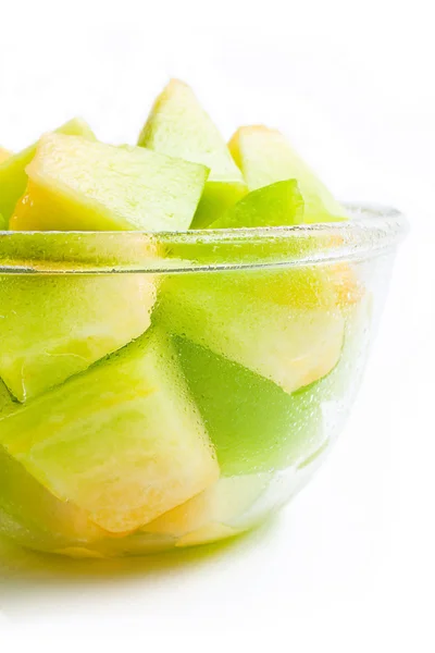 Fresh Ripe Melon Honeydew Pieces Glass Bowl Isolated White Background — Stock Photo, Image