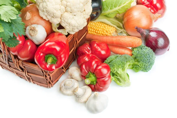 Mix Fresh Ripe Vegetables Arranged Wicker Basket Isolated White Background — Stock Photo, Image