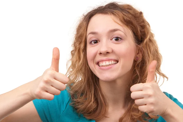 Fiatal gyönyörű mosolygó nő kezében jóváhagyásáról — Stock Fotó