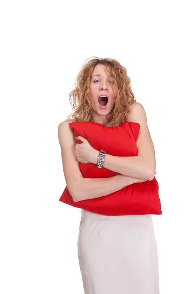 Young beautiful sleepy yelling woman standing with large red pil — Stock Photo, Image