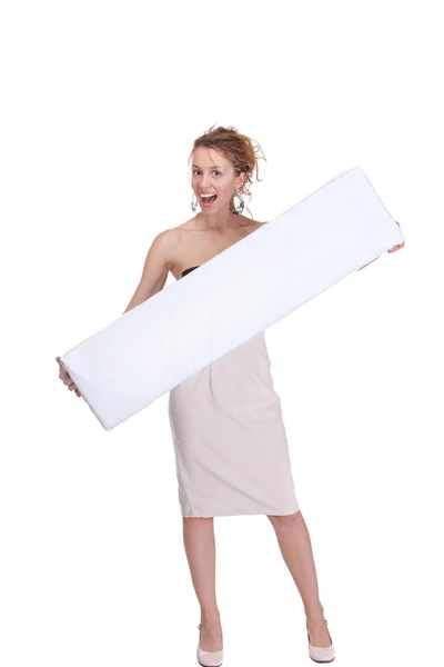 Gelukkig smilig zakenvrouw weergegeven witte leeg bord: — Stockfoto