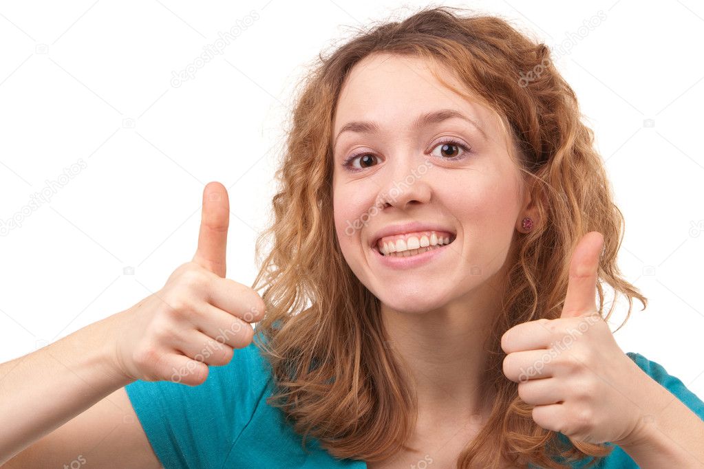 Young beautiful smiling woman with approving hands