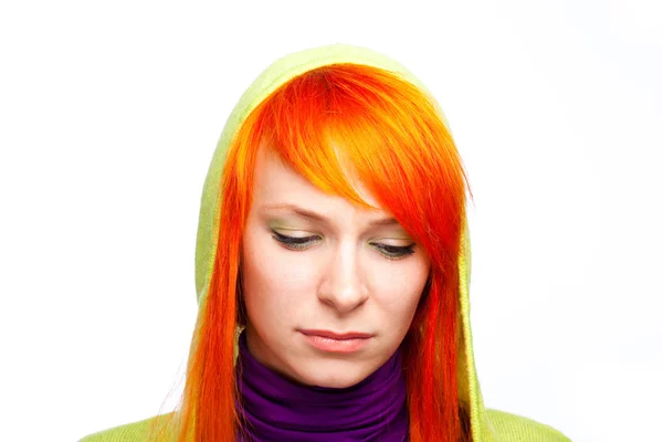 Upsed red hair woman looking down — Stock Photo, Image