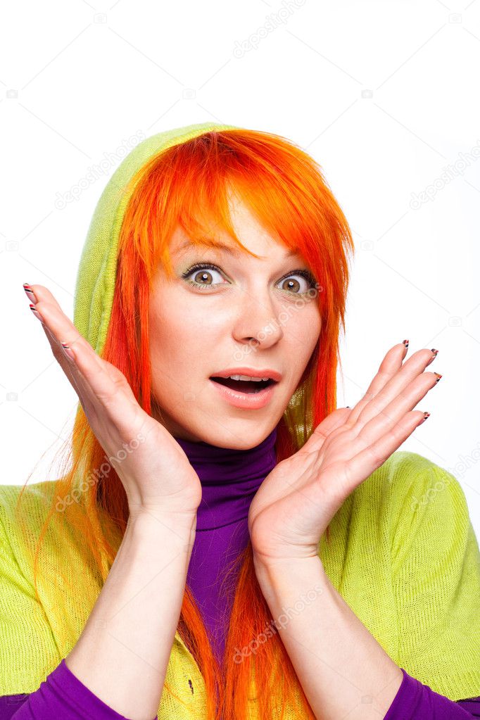 Surprised red hair woman with open hands and mouth