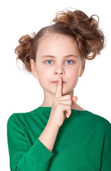 Weinig meisje gebaren stilte tekenen — Stockfoto