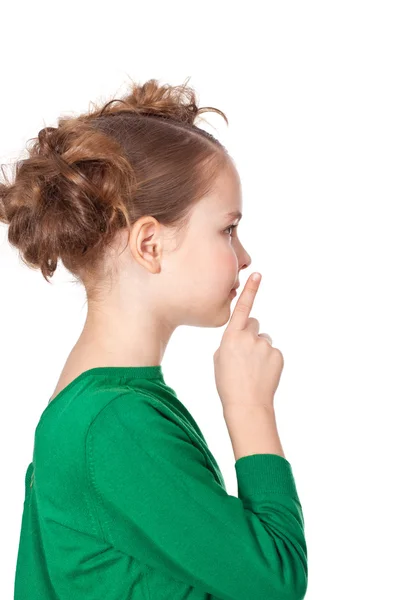 Portret profil dziewczynki gestykulacji ciszy znak — Zdjęcie stockowe