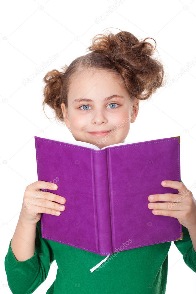 Smiling girl look behind book