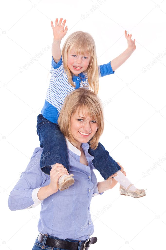 Smiling mom with child on shoulders