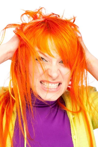 Angry woman holding red head with hands — Stock Photo, Image