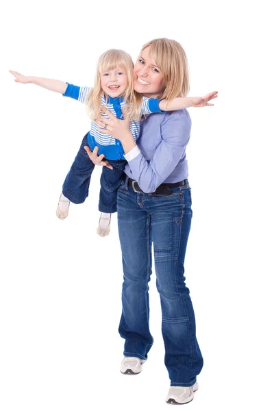 幸せの笑みを浮かべてママと子供のフライ — ストック写真