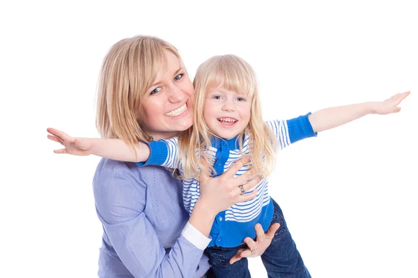 Happy smiling mom and child fly — Stock Photo, Image