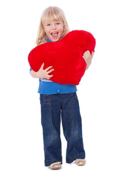 Criança feliz gritando com coração vermelho — Fotografia de Stock