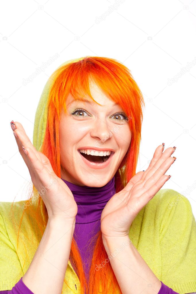 Smiling red hair woman, open hands