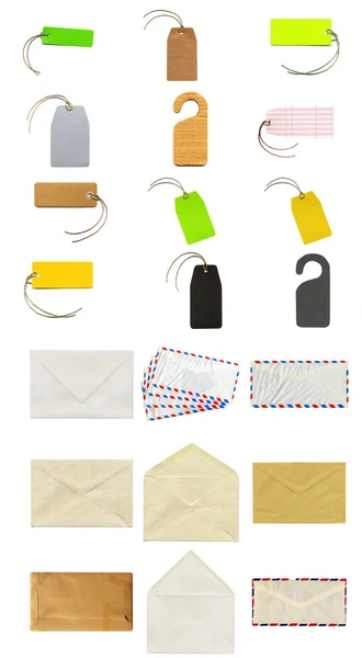 Collage Artículos Papelería Incluyendo Etiquetas Etiquetas Sobres Postales — Foto de Stock