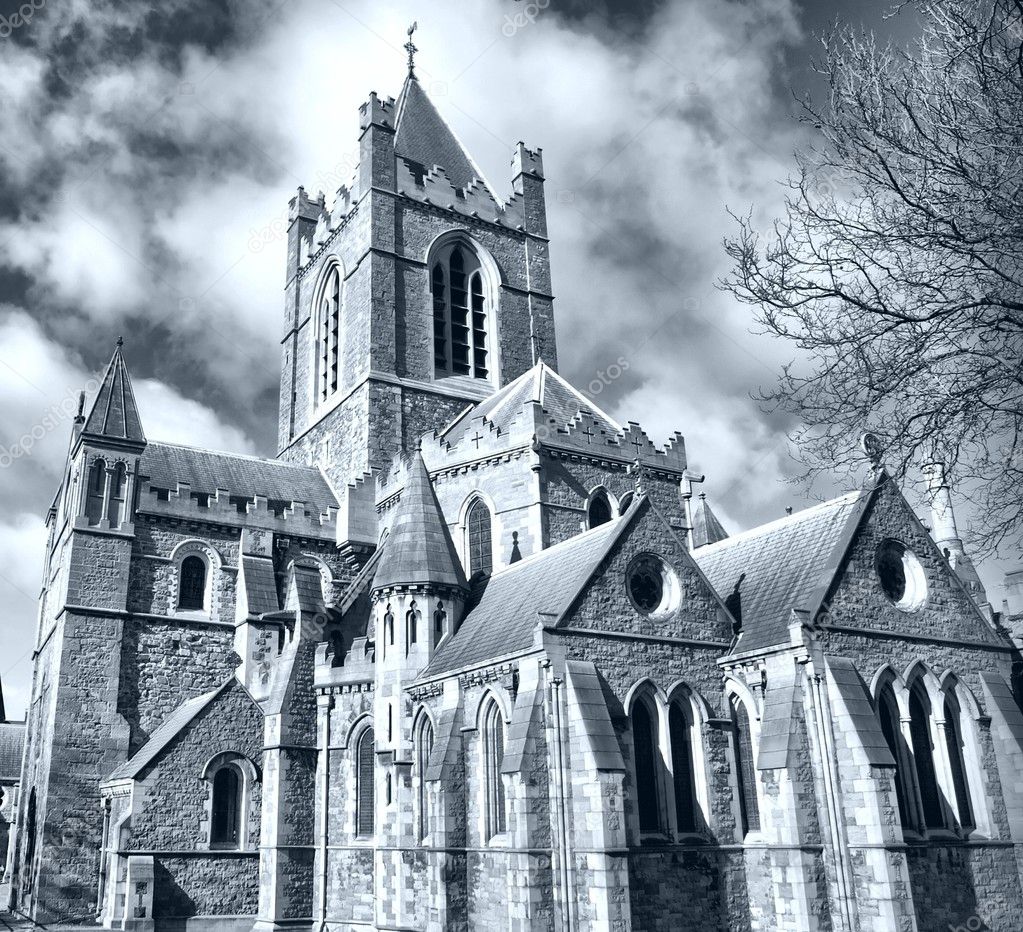 Christ Church, Dublin - ancient gothic cathedral architecture - high dynamic range HDR - black and white
