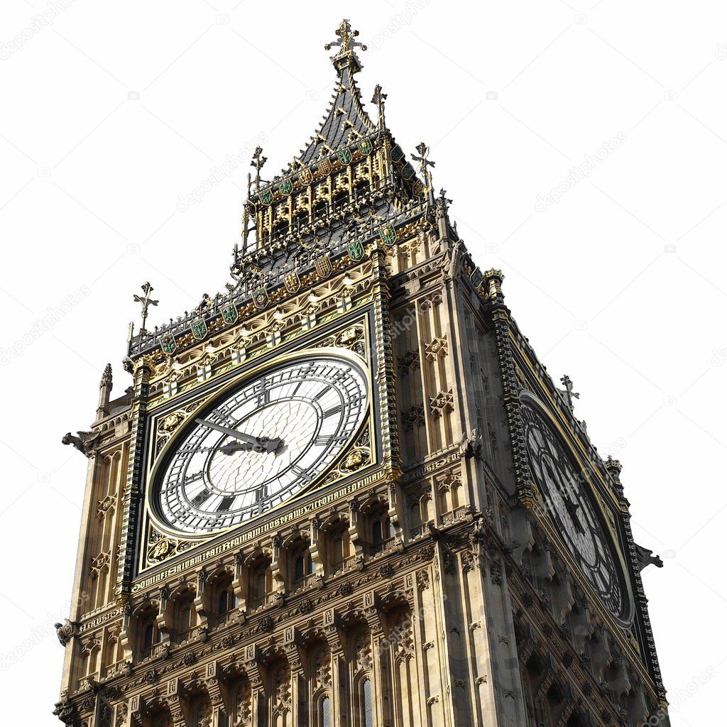 Big Ben at the Houses of Parliament, Westminster Palace, London, UK - isolated over white with copy space