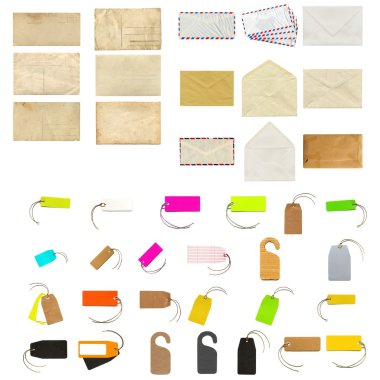 Collage of stationery items including labels, tags, envelopes and postcards clipart