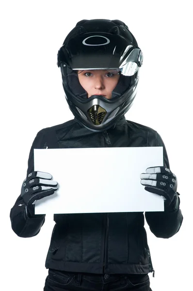 Young woman in motorcycle clothing — Stock Photo, Image