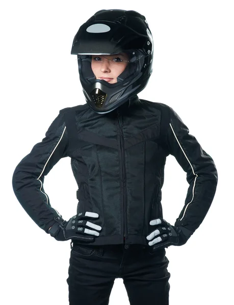 Jovem mulher em roupas de motocicleta — Fotografia de Stock